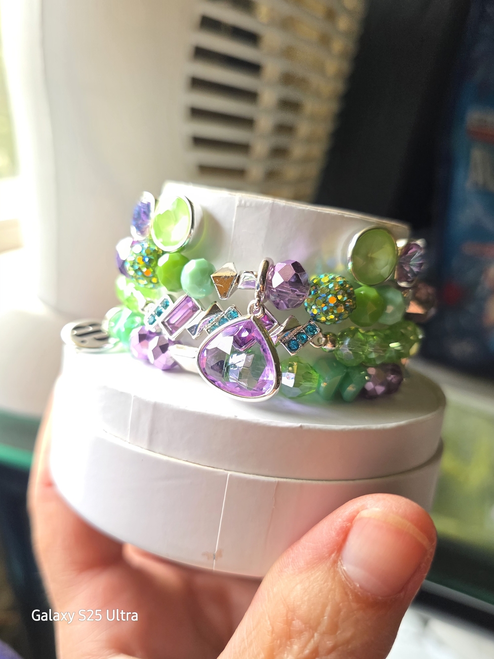 Green & Purple Crystal Charm Bracelet Stack by